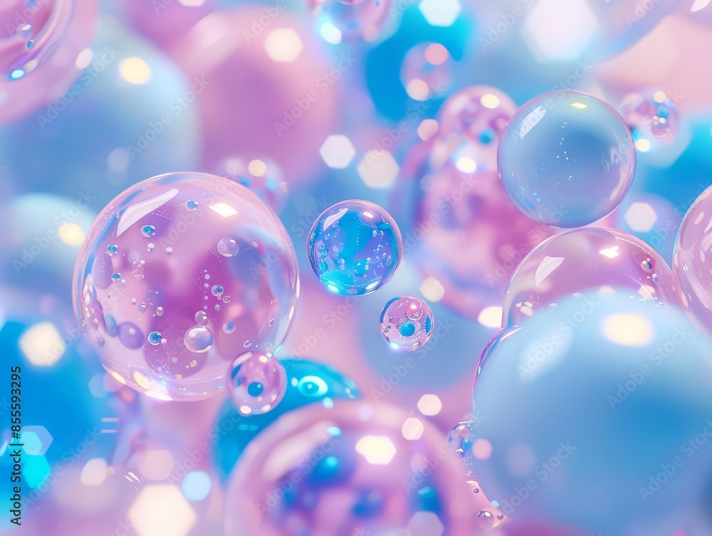 Transparent round bubbles with shiny texture on blue background Transparent round bubbles with shiny texture on blue background