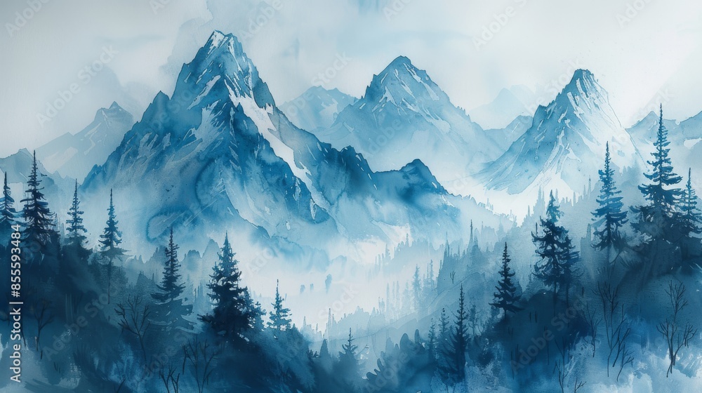 Obraz premium watercolor painting of foggy mountains, blue color, cinematic, landscape scene