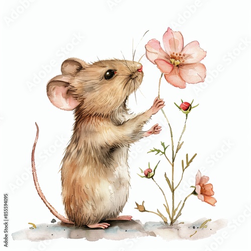 Fototapeta Naklejka Na Ścianę i Meble -  A mouse with flower watercolor clipart illustration on white background