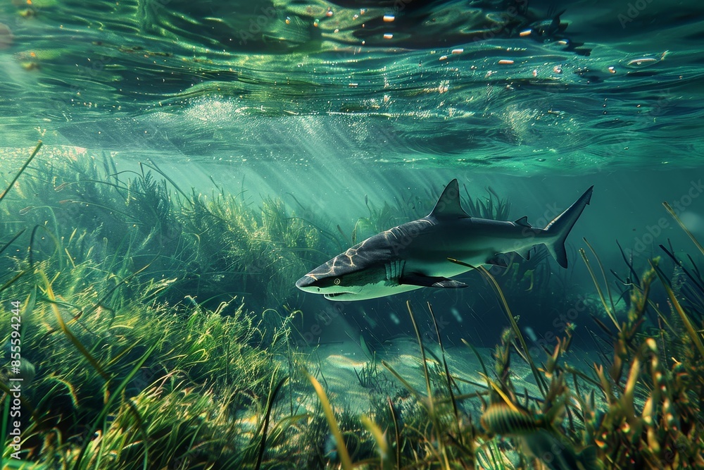 Fototapeta premium A shark effortlessly glides through the water in its natural ocean habitat, A shark blending seamlessly into its ocean environment