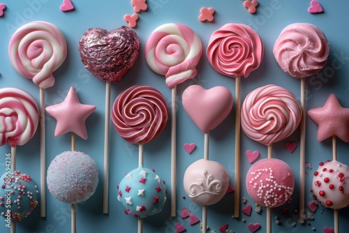 A collection of lollipops of different shapes and sizes, including hearts, stars, and swirls. 