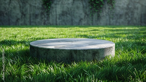 a 3D circular podium placed on the grass of an American football field, perfect for highlighting concrete products in a promotional campaign. © growth.ai