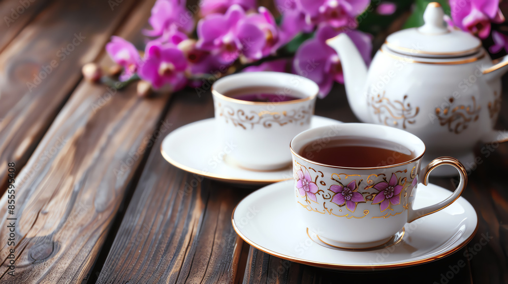 Luxurious orchid tea set on a rustic wooden table, vintage elegance Luxurious orchid tea set on a rustic wooden table, vintage elegance