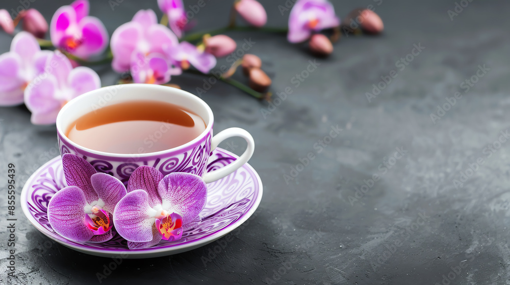 Fototapeta premium Handcrafted porcelain cup with orchid tea, artisanal and unique
