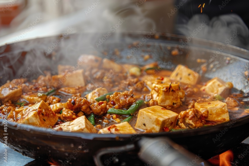 A pan filled with sizzling hot food cooking on a stovetop, A sizzling hot wok of spicy mapo tofu with minced pork A pan filled with sizzling hot food cooking on a stovetop, A sizzling hot wok of spicy mapo tofu with minced pork