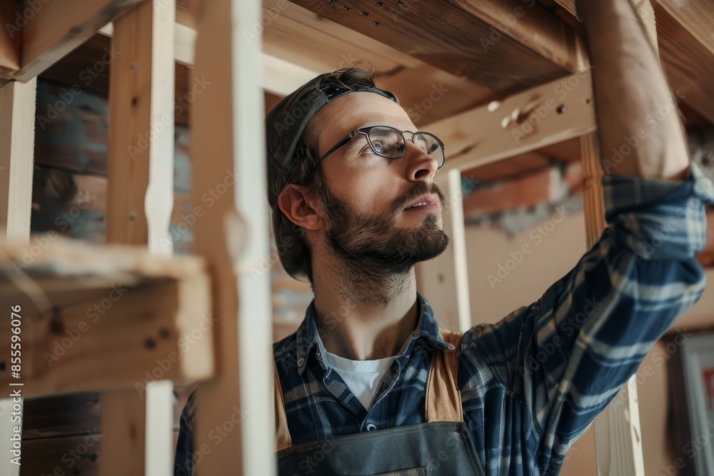 A man with a beard and glasses is focused on installing new shelves on a wooden structure, A skilled craftsman installing new shelves A man with a beard and glasses is focused on installing new shelves on a wooden structure, A skilled craftsman installing new shelves