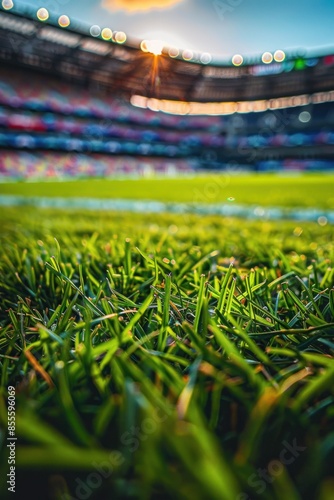 first person perspective of green grass in footbll stadium photography for poster background
 photo