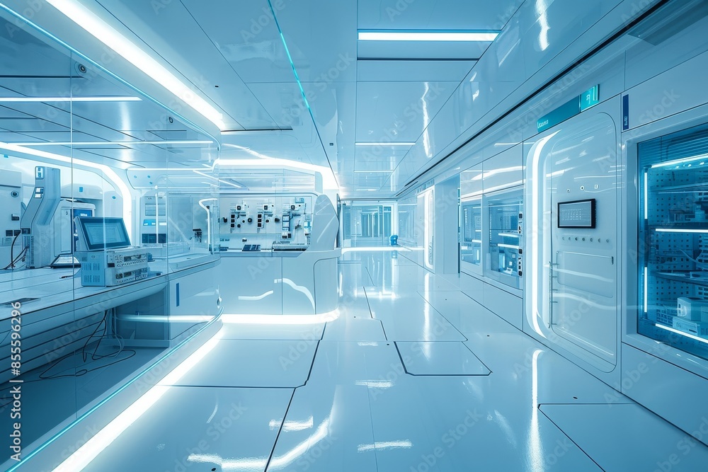 A large white room illuminated by numerous lights creating a bright and modern space, A sleek and futuristic laboratory with cutting-edge technology A large white room illuminated by numerous lights creating a bright and modern space, A sleek and futuristic laboratory with cutting-edge technology