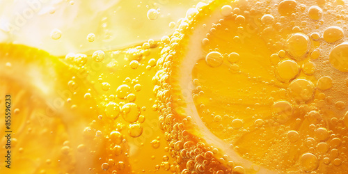 Macro photo of sliced lemons and oranges with ice cubes. Fruit cut texture with citrus section pattern. Closeup top view for poster, ads, packaging and banner with copy space