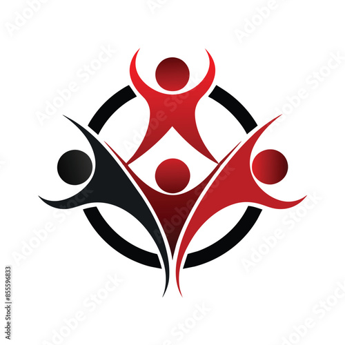 Minimalist logo with 3 abstract people in red/black. Figures form a circle, representing unity and connection