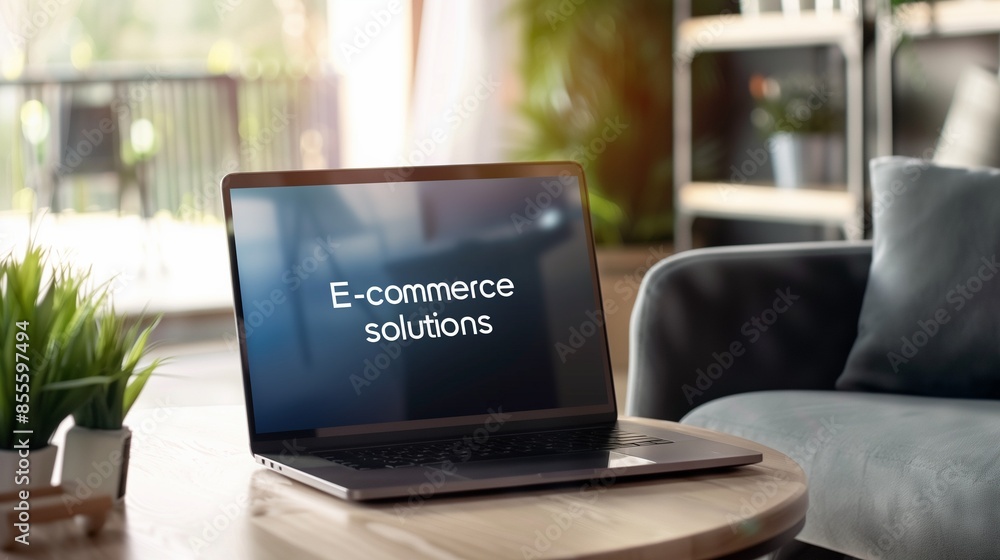 Modern laptop displaying E-commerce solutions on screen, symbolizing online shopping and digital business growth. Modern laptop displaying E-commerce solutions on screen, symbolizing online shopping and digital business growth.