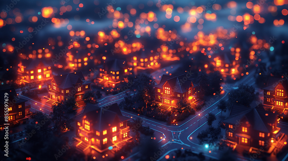Fototapeta premium A cityscape with houses lit up in orange and yellow lights