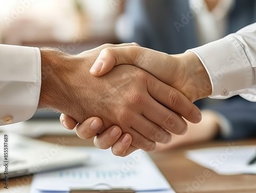 Business handshake. Partners handshaking over desk in office. photo