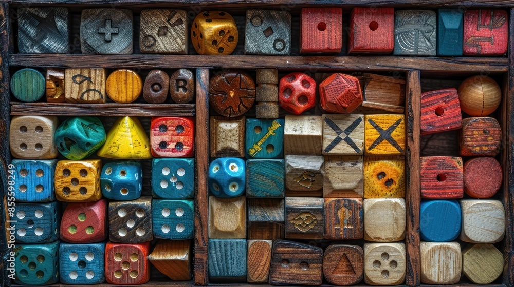 Fototapeta premium Collection of Colorful Wooden Dice in a Wooden Box