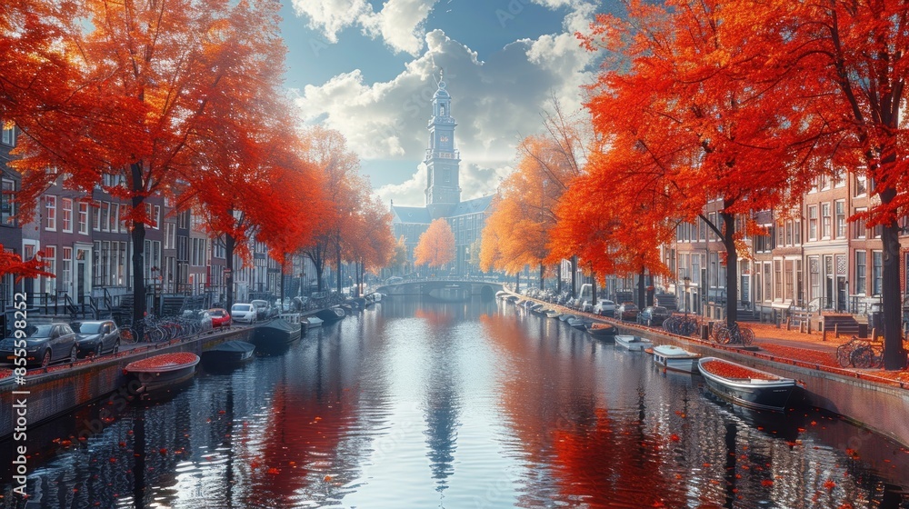 Naklejka premium Autumnal Canal Scene in Amsterdam