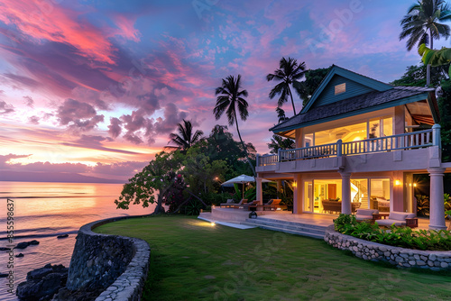 A majestic oceanfront home with a private garden, illuminated by the pastel shades of a Fijian sunset photo
