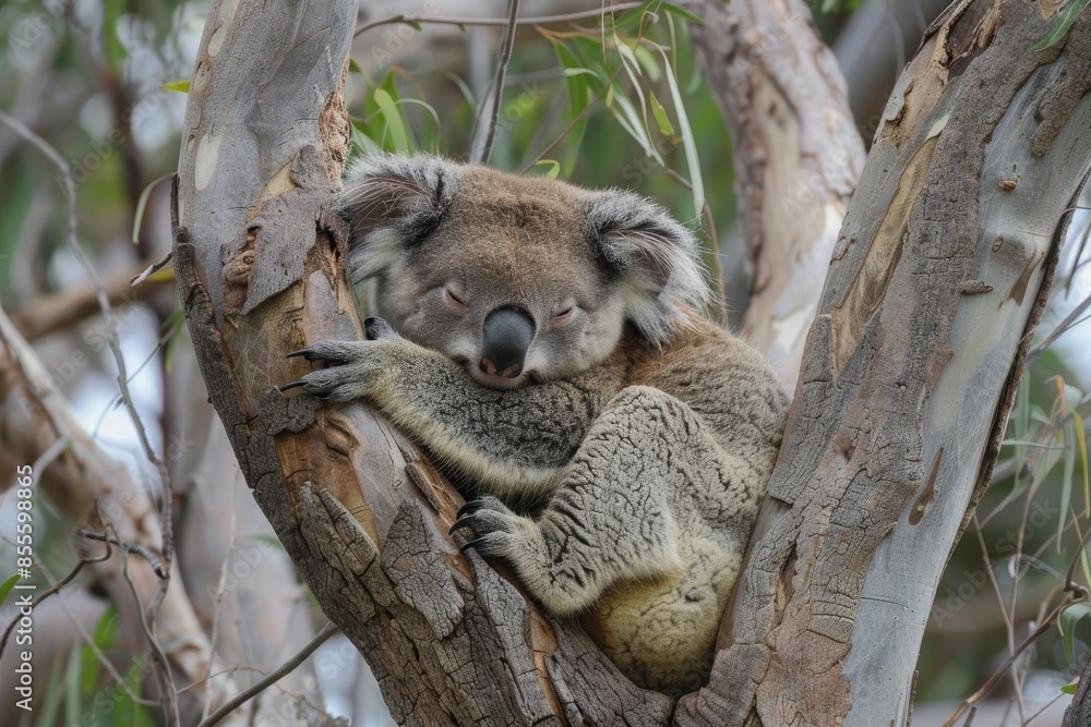 Fototapeta premium A koala with closed eyes sits in a tree, resting its head on a branch, A sleepy koala nestled in the crook of a tree