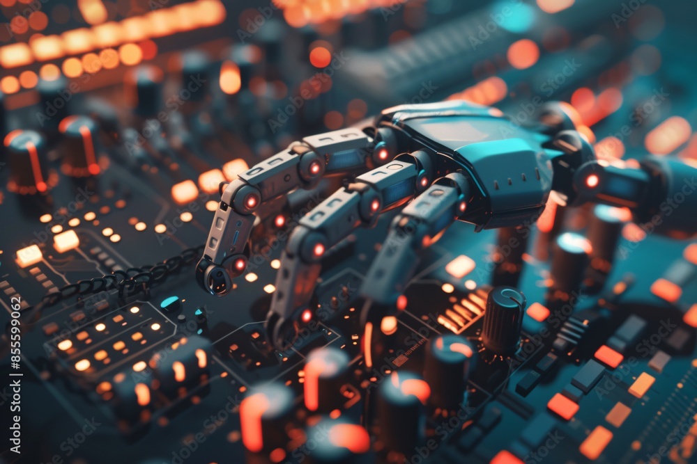 a robot hand on a circuit board a robot hand on a circuit board