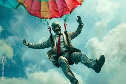 A Cartoon zombie is flying through the air with a colorful parachute