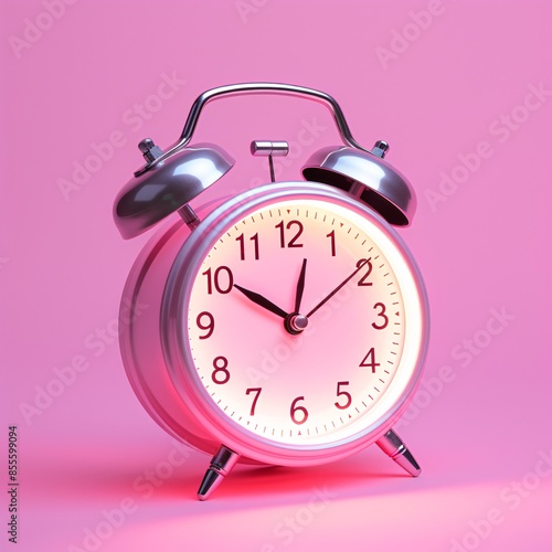 a pink alarm clock with bells