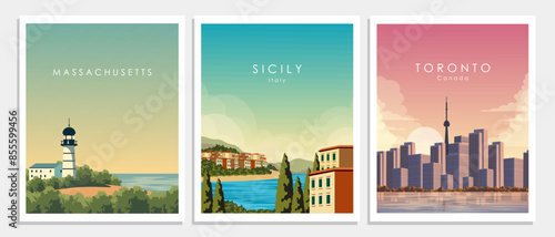 Italy, USA, Canada, travel poster set, collection, travel banner, cover