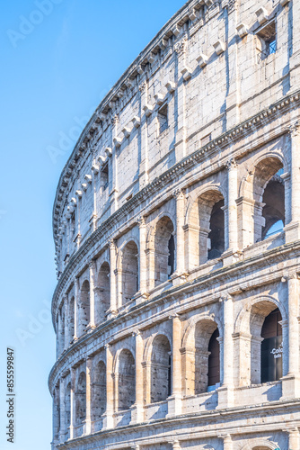 Photography Close-up of Romes Colosseum reveals intricate ancient Roman architecture, capturing its grandeur and historical significance