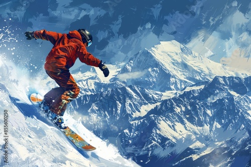A man skillfully rides his snowboard down the side of a snow-covered mountain, A snowboarder executing a stylish grab trick with mountains in the background photo