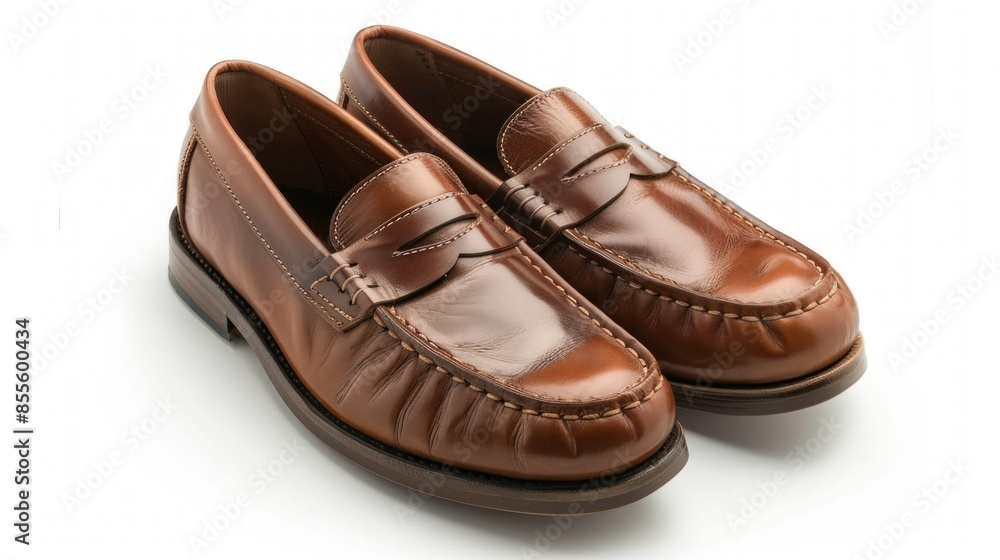 A pair of sleek leather loafers, displayed against a white background. These loafers are versatile and can be dressed up or down for any occasion. A pair of sleek leather loafers, displayed against a white background. These loafers are versatile and can be dressed up or down for any occasion.