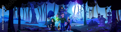 People character on Halloween at graveyard cartoon background. Night spooky cemetery with kids in costume and man horror illustration. Scary tombstone landscape and wizard house on hill at nighttime