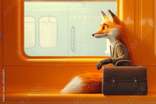 A cartoon fox is sitting on a train with a briefcase