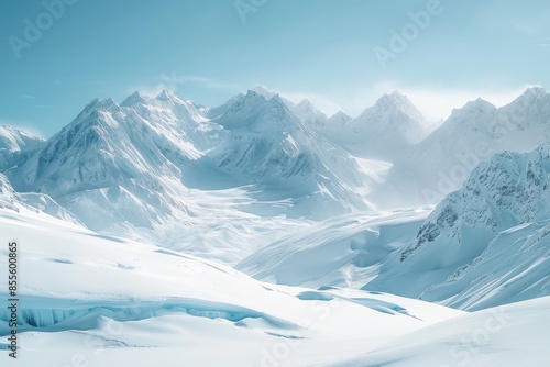 Snow blankets the mountain range, with shimmering ice caves visible amid the peaks and valleys, A snowy mountain range with shimmering ice caves and frosted peaks photo