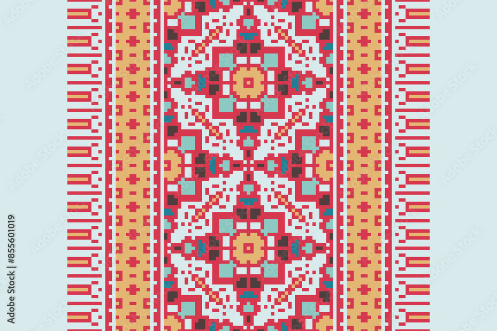 Beautiful traditional ethnic motifs ikat geometric fabric pattern cross stitch.Ikat embroidery Ethnic oriental Pixel.Abstract,vector,illustration. Texture,scarf,decoration,wallpaper,curtain,sarong. Beautiful traditional ethnic motifs ikat geometric fabric pattern cross stitch.Ikat embroidery Ethnic oriental Pixel.Abstract,vector,illustration. Texture,scarf,decoration,wallpaper,curtain,sarong.