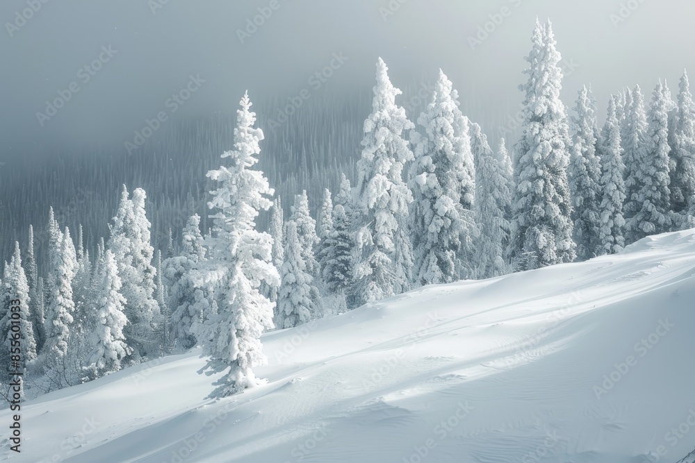 A person skiing down a snow-covered mountain surrounded by frosted trees, A snowy wilderness with frosted trees and a blanket of white A person skiing down a snow-covered mountain surrounded by frosted trees, A snowy wilderness with frosted trees and a blanket of white
