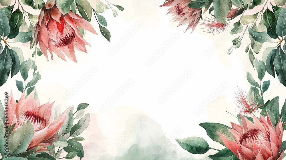 Elegant Watercolor Frame with Pink and Green Leaves Featuring Light Red Flowers and Eucalyptus Foliage for Wedding Table Decorations and Text Design Elegant Watercolor Frame with Pink and Green Leaves Featuring Light Red Flowers and Eucalyptus Foliage for Wedding Table Decorations and Text Design