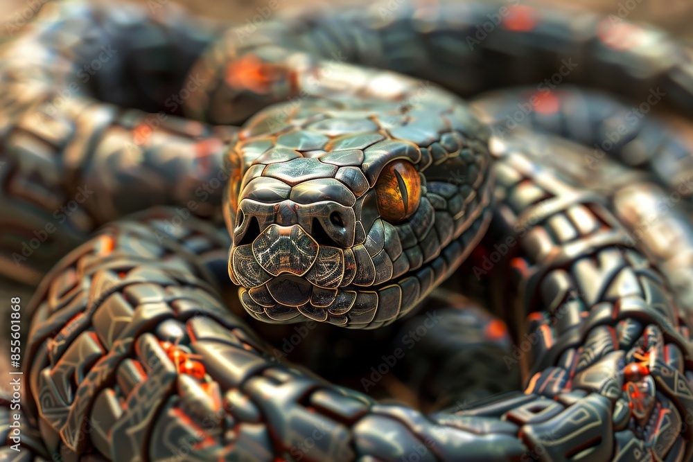 A snake with a metallic look to it A snake with a metallic look to it