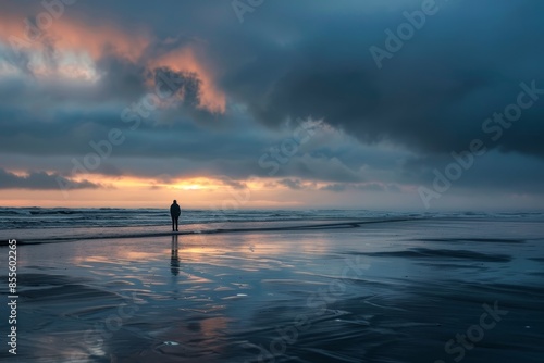 A person stands alone on a beach, the sun setting in the background, A solitary figure standing on a beach at sunset