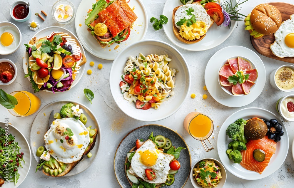 A vibrant and mouthwatering array of dishes, including pasta with creamy sauce, avocado toast, healthy smoothies, colorful slices of eggs on toasts, an ice cream sundae, salmon fillet steaks, fresh fr A vibrant and mouthwatering array of dishes, including pasta with creamy sauce, avocado toast, healthy smoothies, colorful slices of eggs on toasts, an ice cream sundae, salmon fillet steaks, fresh fr