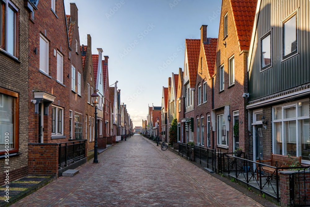 Volendam street with traditional dutch houses in the Netherlands