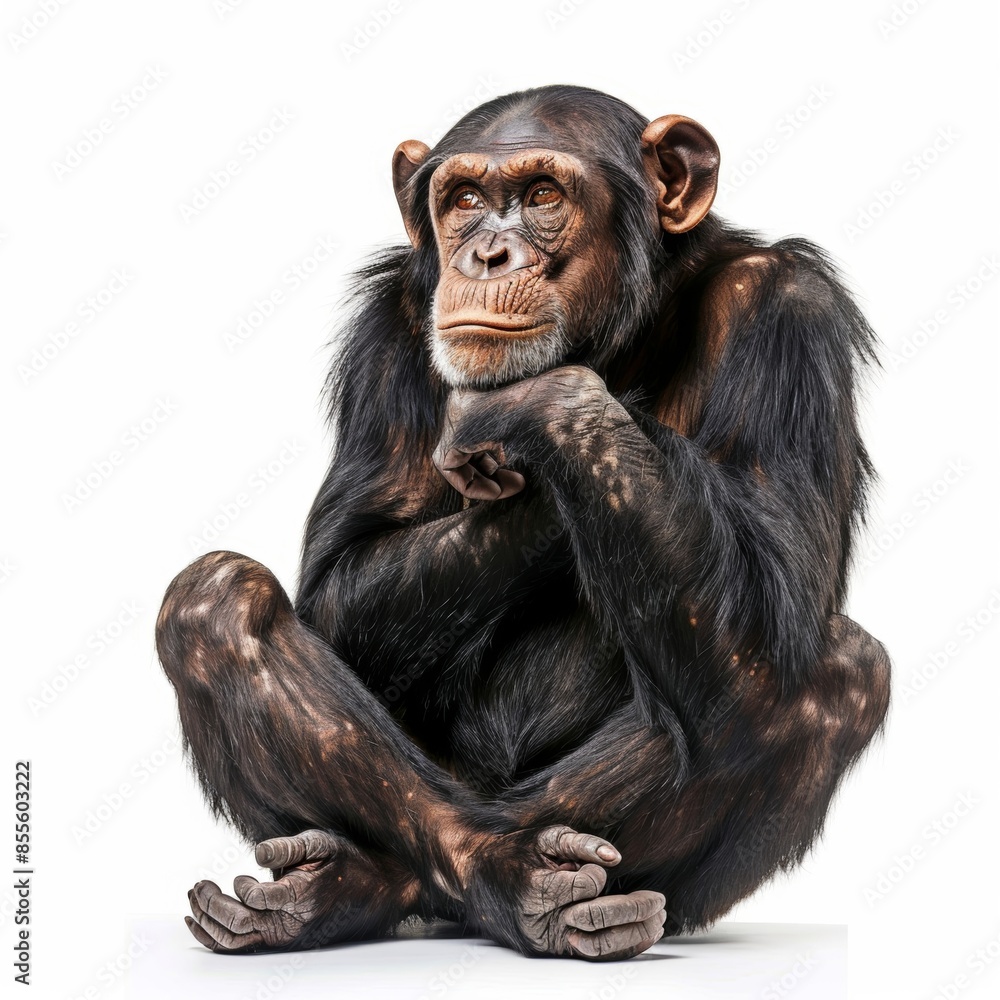 A thoughtful chimpanzee sitting in contemplation, isolated on a white background A thoughtful chimpanzee sitting in contemplation, isolated on a white background