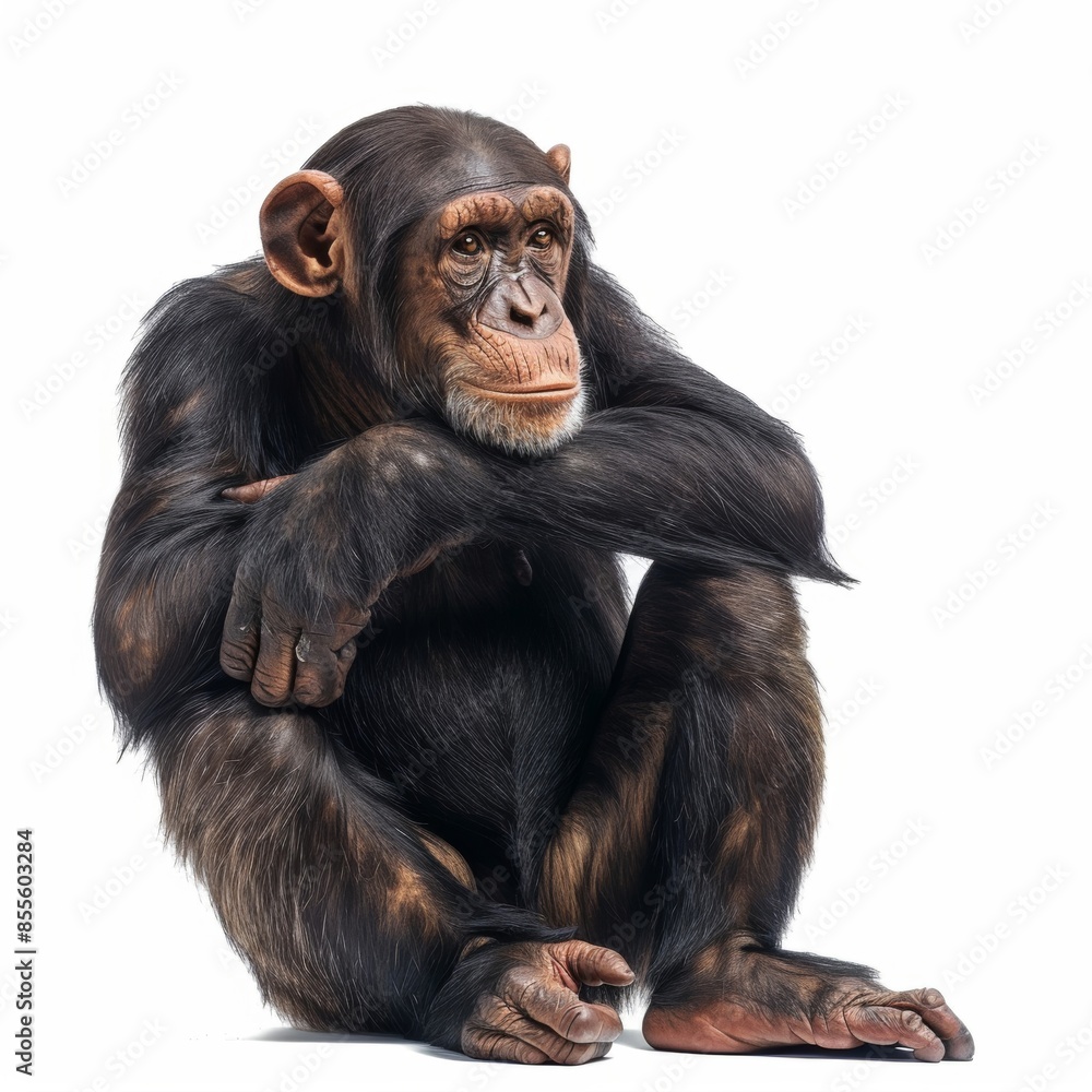 A thoughtful chimpanzee sitting in contemplation, isolated on a white background A thoughtful chimpanzee sitting in contemplation, isolated on a white background