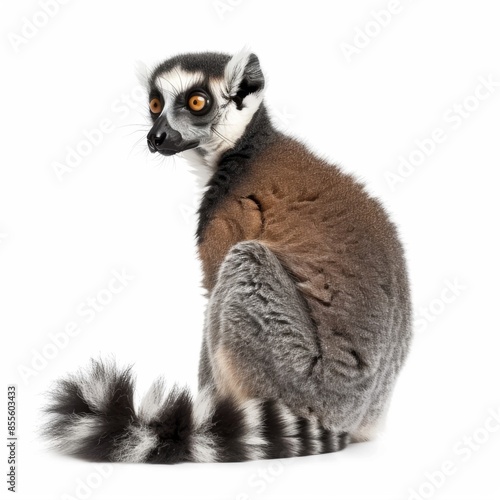 A cute lemur with its tail curled up, isolated on a white background