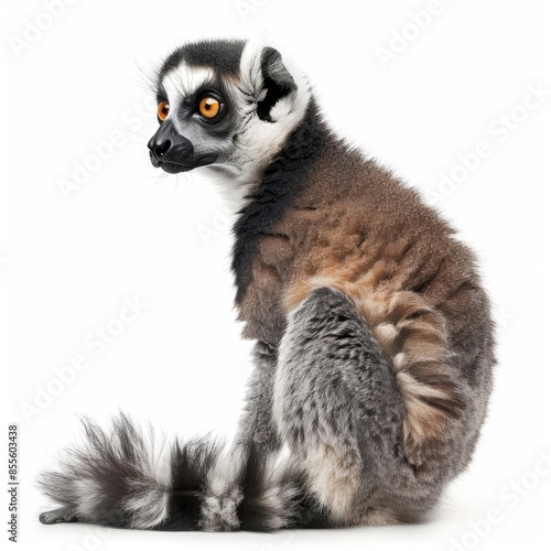 A cute lemur with its tail curled up, isolated on a white background
