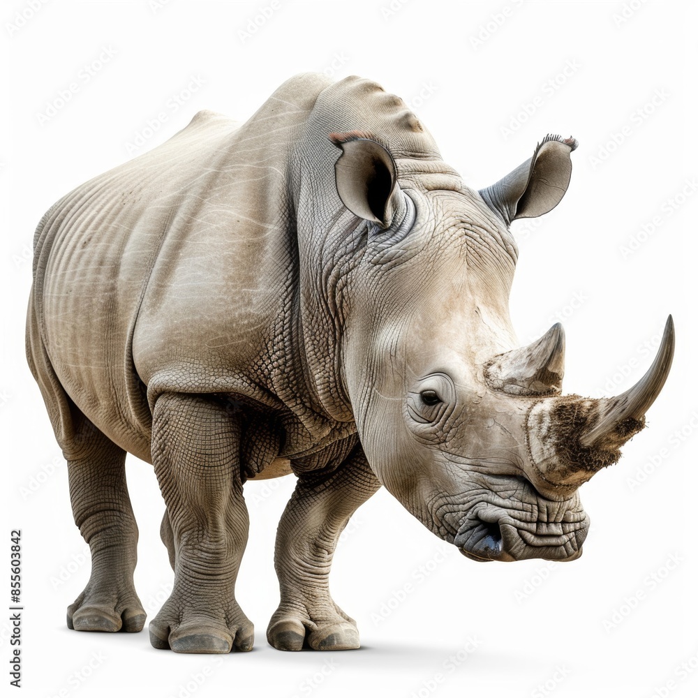 Fototapeta premium A majestic rhinoceros stands strong and alone, isolated on a white background, showcasing its powerful presence and unique features