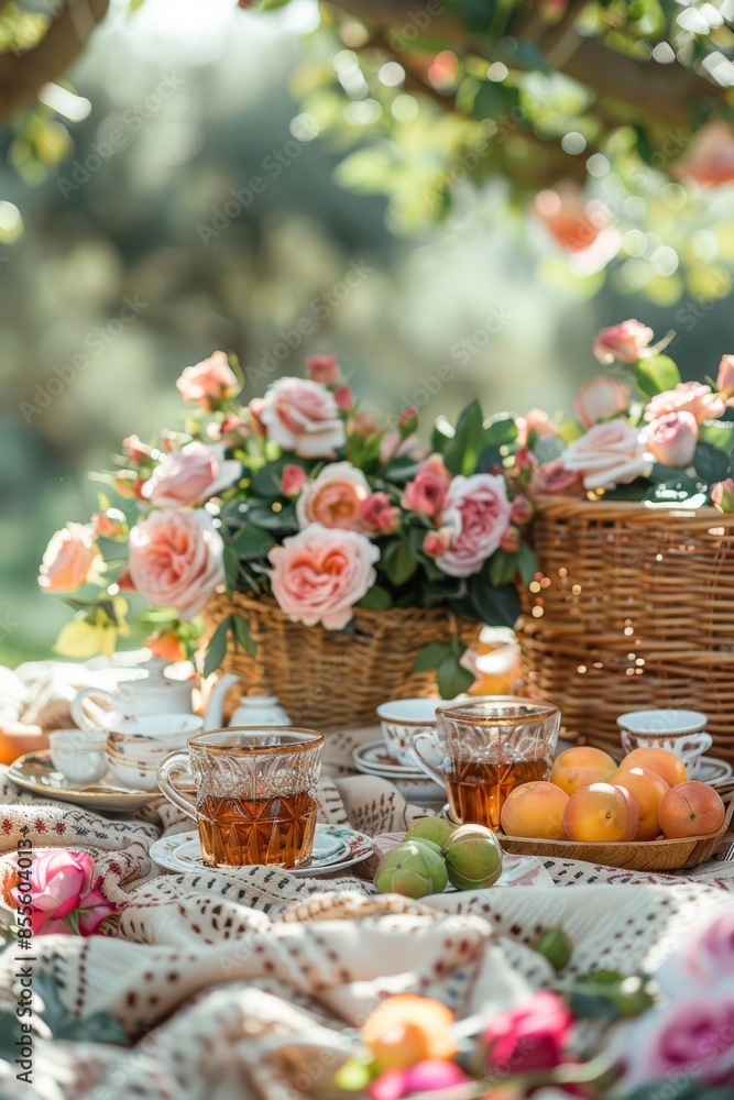 Rose tea on a picnic blanket with a basket of fresh roses and assorted fruits, rose tea, outdoor picnic. Rose tea on a picnic blanket with a basket of fresh roses and assorted fruits, rose tea, outdoor picnic.