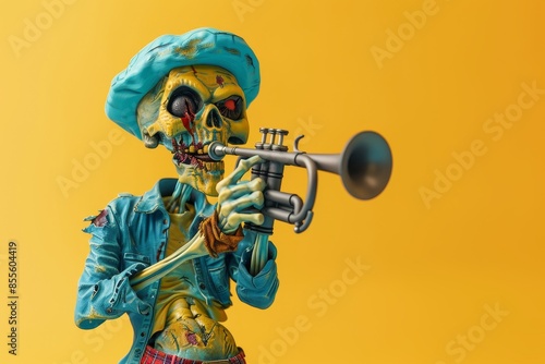 A creepy looking monster is holding a trumpet photo