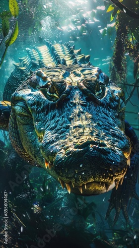 Crocodile underwater, showcasing its powerful form close up, survival theme, vibrant, manipulation, mangrove forest © Pungu x