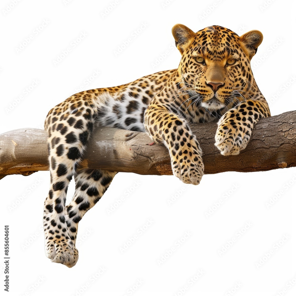 A majestic leopard resting gracefully on a tree branch, set against a clear sky background A majestic leopard resting gracefully on a tree branch, set against a clear sky background