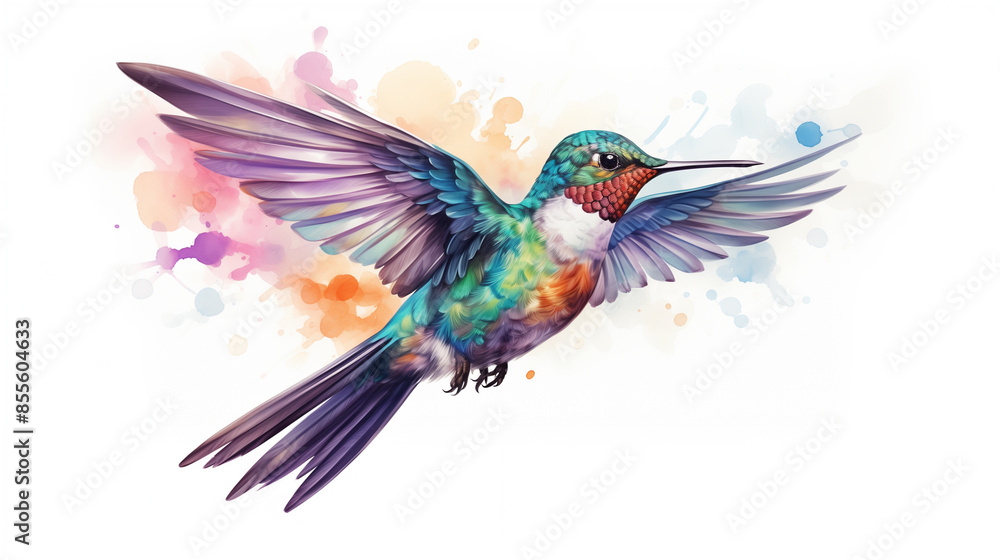 Watercolor illustration of Hummingbird in flight against white background, showcasing its vibrant iridescent feathers and rapid wing movement. Watercolor illustration of Hummingbird in flight against white background, showcasing its vibrant iridescent feathers and rapid wing movement.