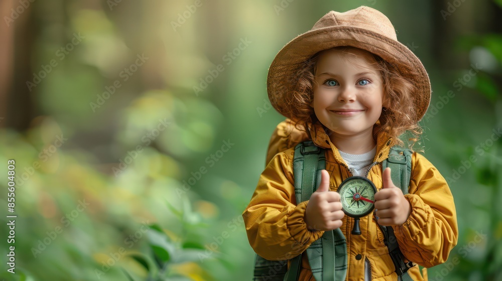 Obraz premium A cute little explorer holding a compass, showing a thumbs-up, on a green background. Copy space for text.
