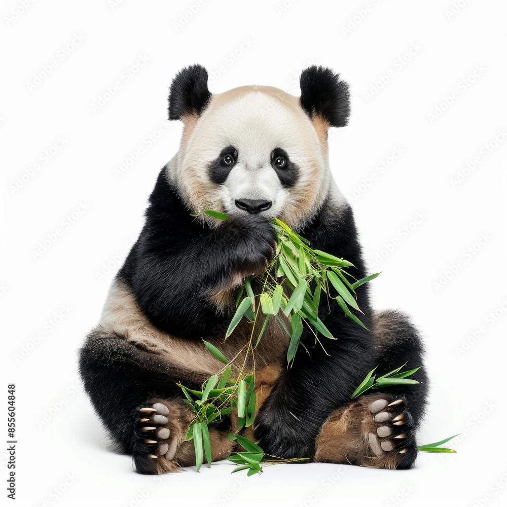 Naklejka premium A cute panda bear sitting and peacefully eating bamboo, isolated on a white background